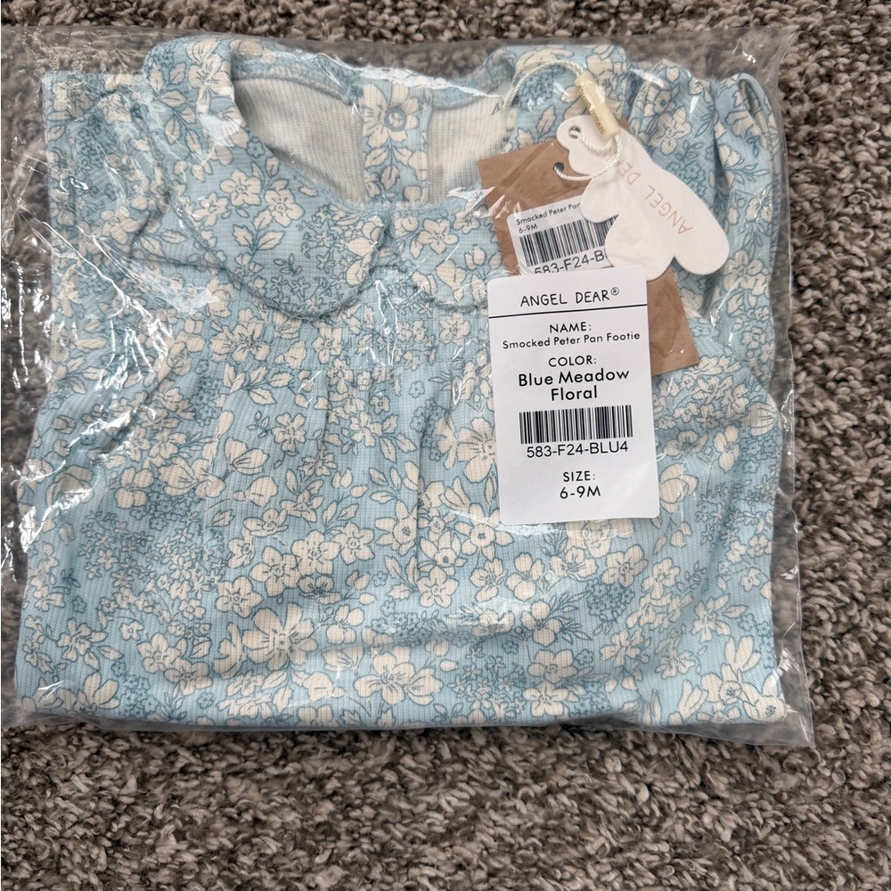 NWT Angel Dear Smocked Peter Pan Footie Blue Meadow Floral 6-9M - Picture 3 of 8